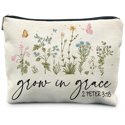 RYYCDOI Christian Floral Makeup Bag Pouch Grow in Grace 2 Peter 3:18 Religious Christian Gifts for Women Bible Verse Gifts Bible Verse Cosmetic bag